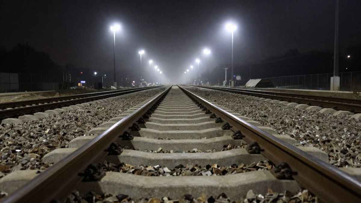 Imagen ilustrativa: vías de tren en obras iluminadas por focos durante la noche