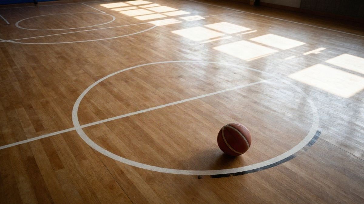 Imagen ilustrativa: vista cenital de una cancha de baloncesto con un balón en el suelo