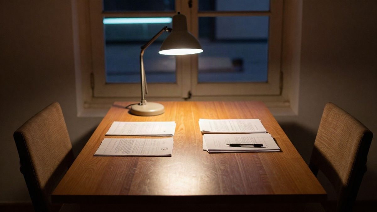 Imagen ilustrativa: dos sillas vacías frente a frente sobre una mesa de madera, iluminadas por una lámpara cálida de noche
