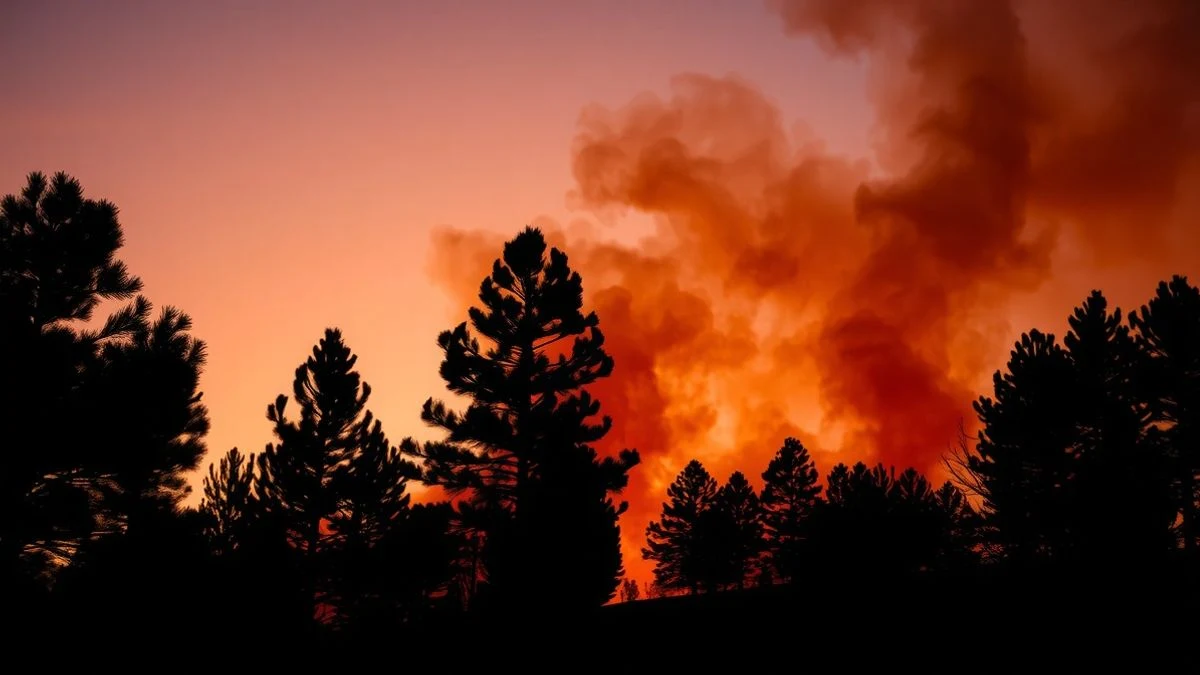 Imagen ilustrativa: incendio forestal al atardecer con siluetas de árboles y humo denso