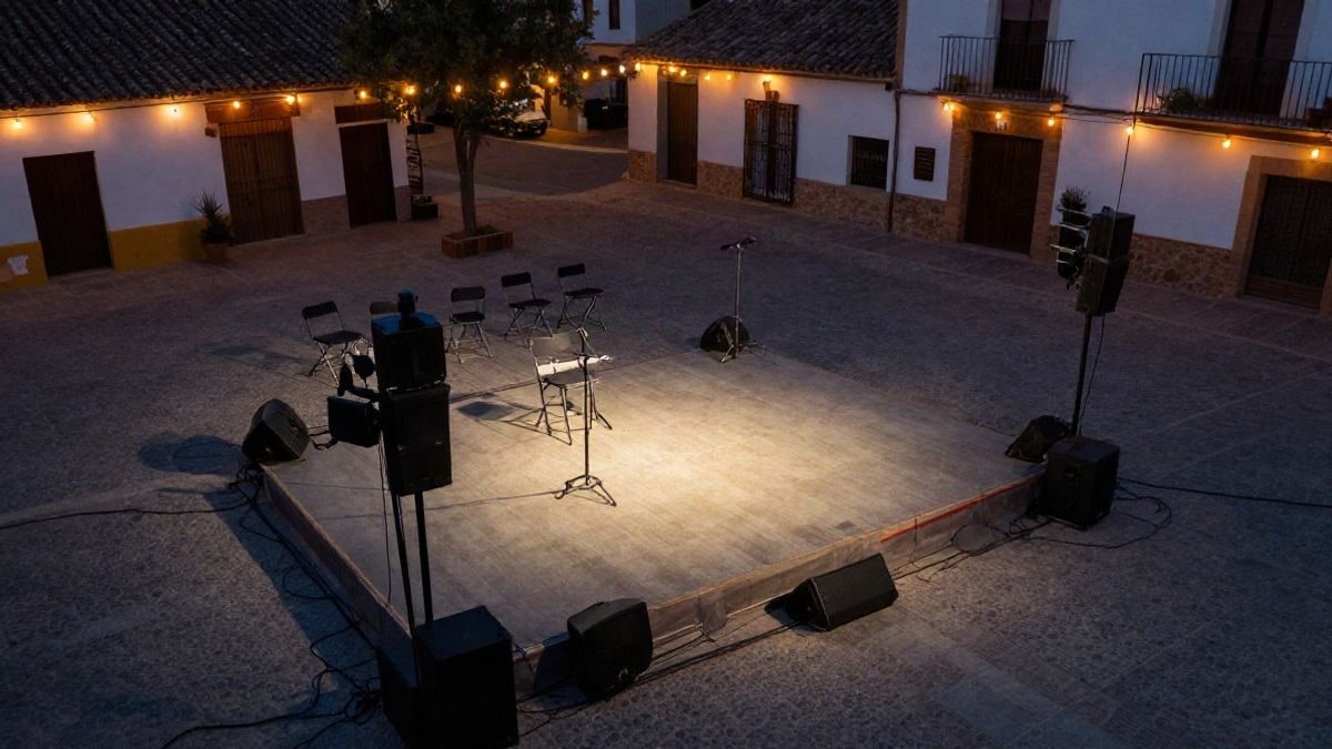 Imagen ilustrativa: vista cenital de un escenario al aire libre en una plaza de pueblo al atardecer