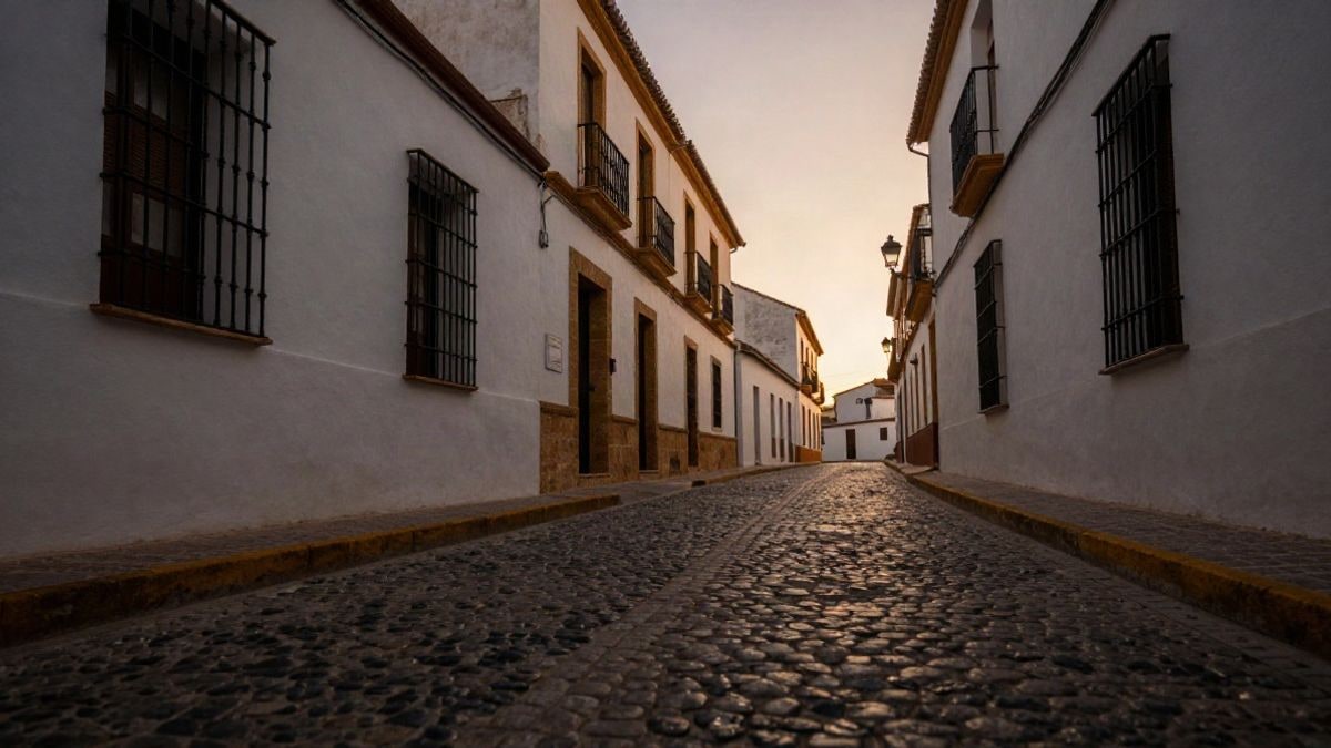 Imagen ilustrativa: calle empedrada de un pueblo andaluz al atardecer, con paredes encaladas y luz cálida