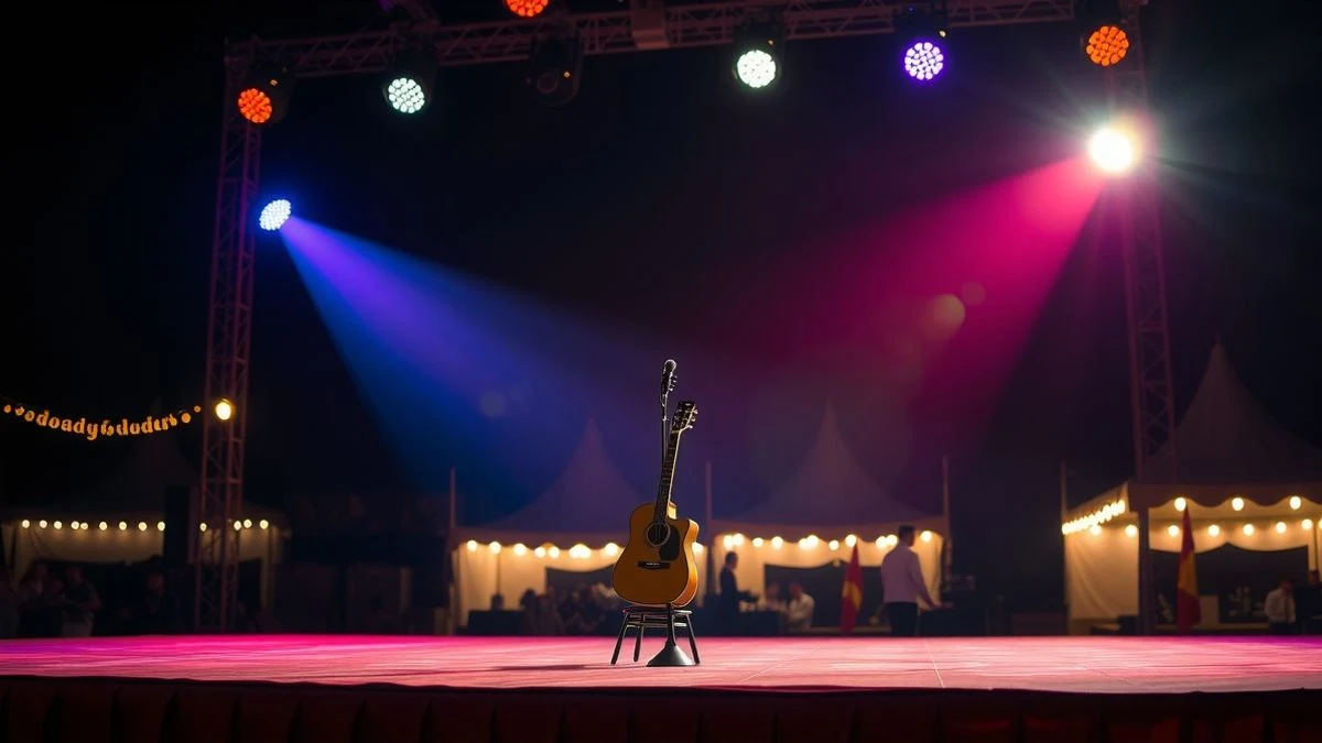 Imagen ilustrativa: un escenario flamenco vacío con un micrófono y una guitarra sobre un taburete, iluminado por focos de colores.