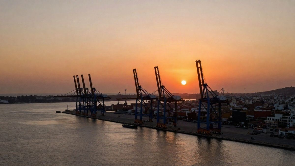 Imagen ilustrativa: vista aérea de un puerto al atardecer con grúas y muelles silueteados sobre el agua.