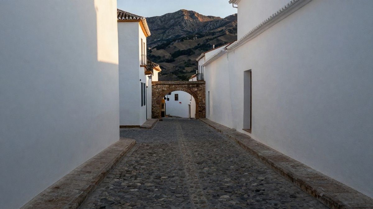 Imagen ilustrativa: calle empedrada de un pueblo serrano andaluz con casas encaladas al atardecer