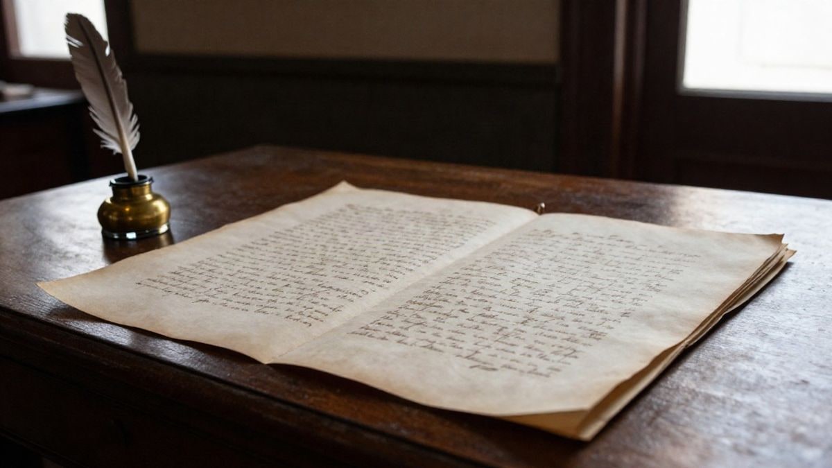 Imagen ilustrativa: manuscrito antiguo sobre una mesa de madera de archivo, con tintero y pluma y luz de ventana
