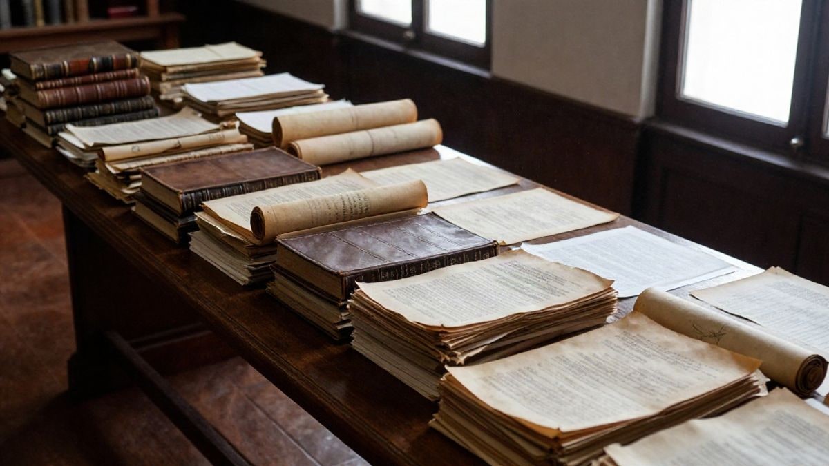 Imagen ilustrativa: vista cenital de una mesa de lectura con legajos y documentos antiguos en un archivo histórico