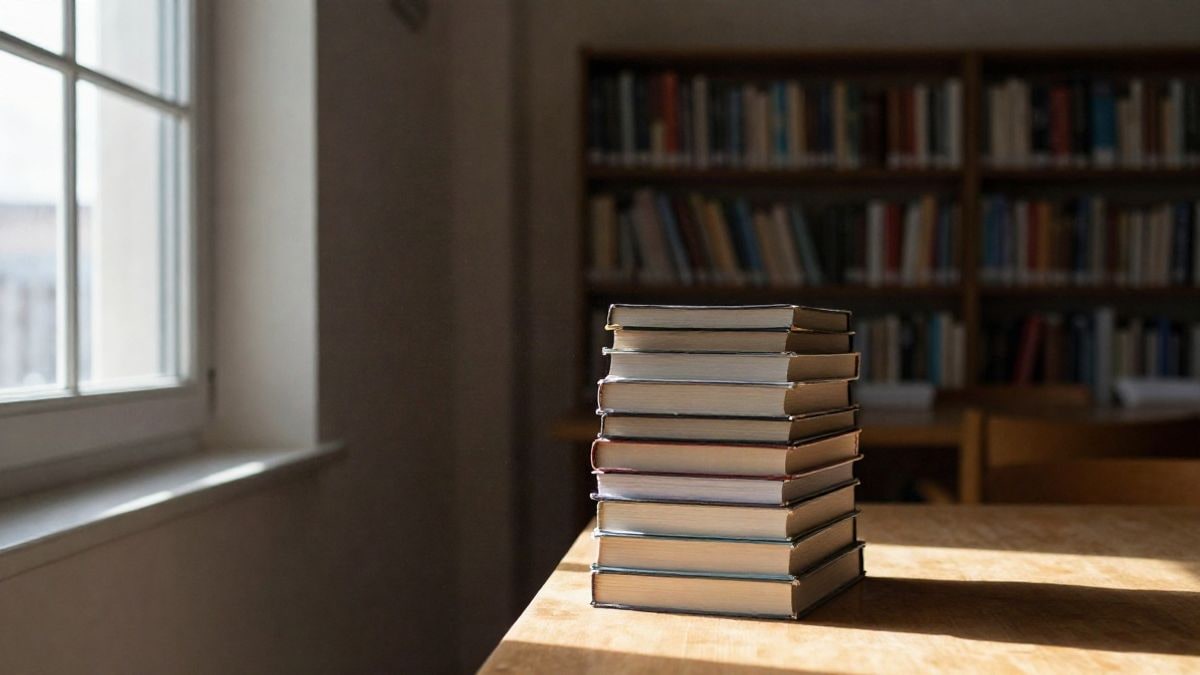 Imagen ilustrativa: libros apilados sobre una mesa de madera en una sala de lectura con luz de ventana lateral