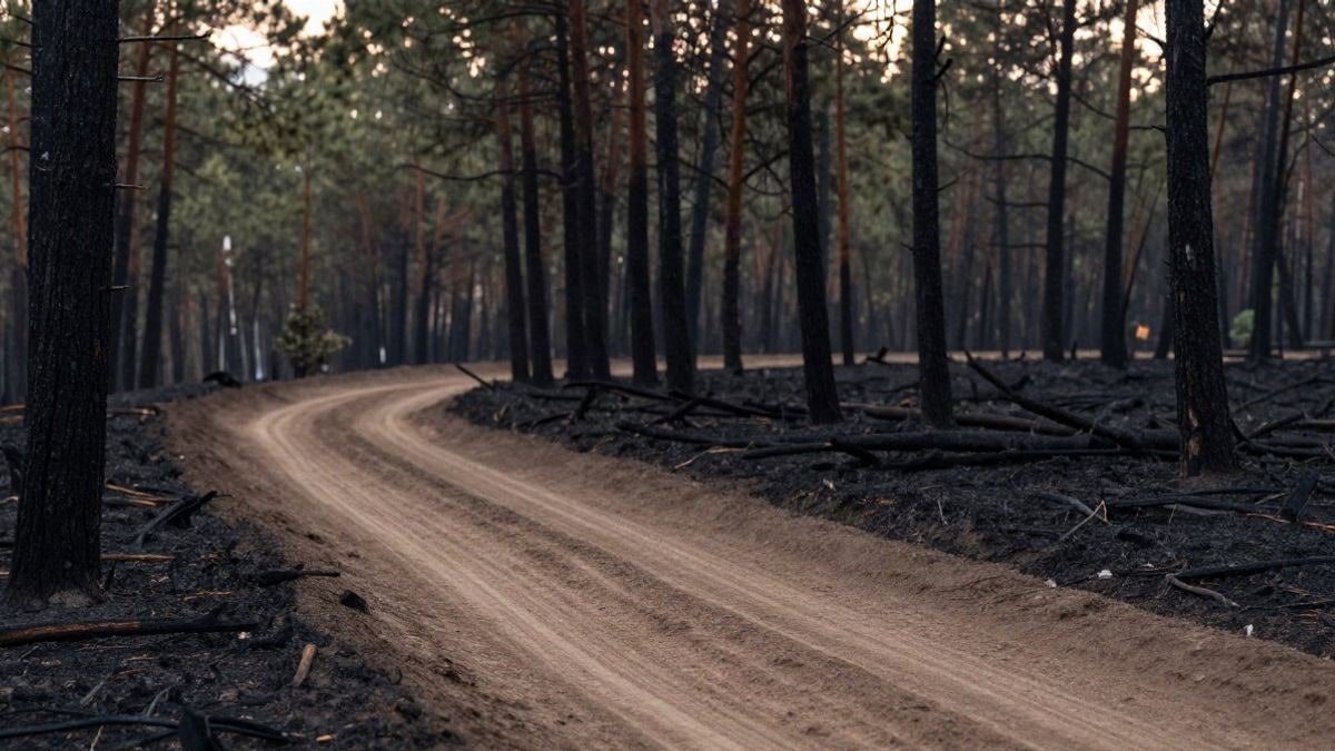 Imagen ilustrativa: camino rural entre pinos calcinados tras un incendio forestal