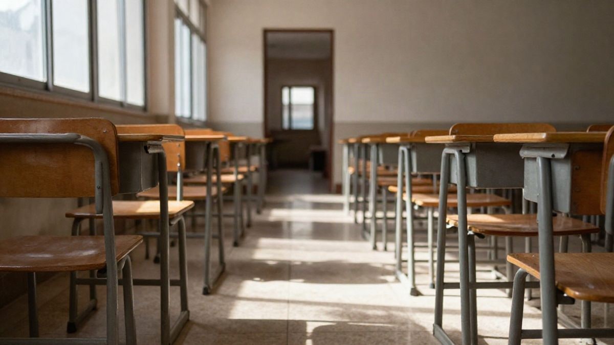 Imagen ilustrativa: aula escolar vacía con pupitres y luz de mañana entrando por los ventanales