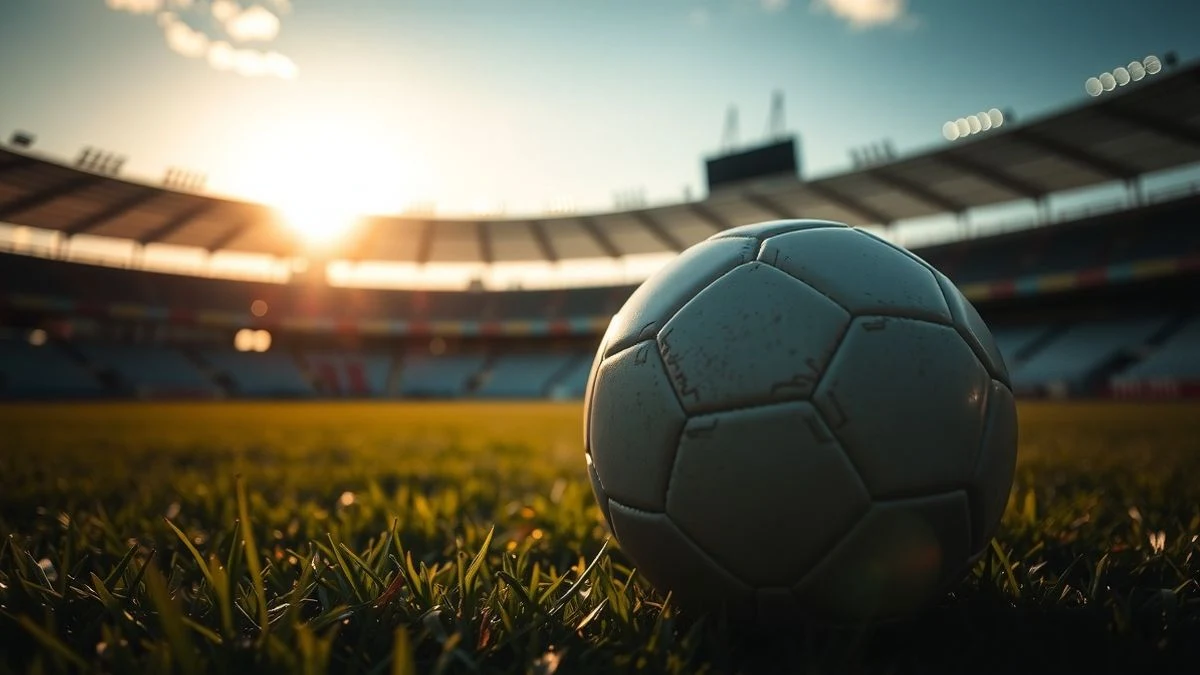 Imagen ilustrativa: un balón de fútbol sobre el césped al atardecer, con un estadio vacío al fondo