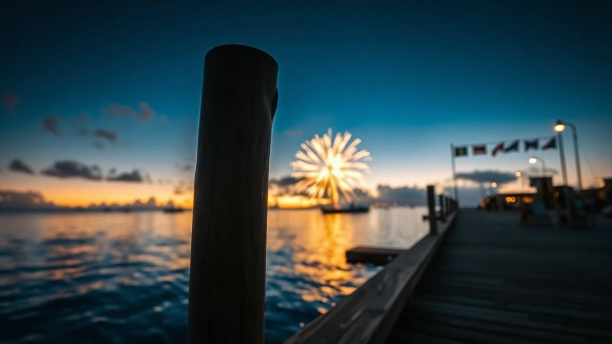 Imagen ilustrativa: un muelle de madera al atardecer con fuegos artificiales de colores en el cielo, evocando la noche estrellada.