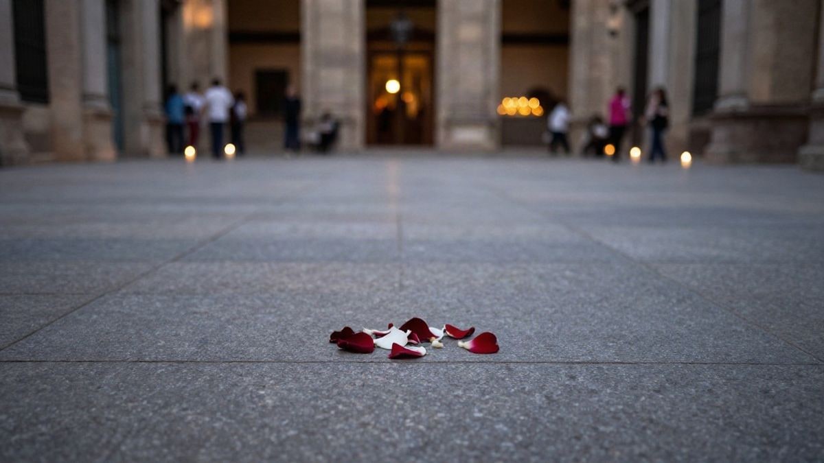 Imagen ilustrativa: una flor blanca sobre un banco de madera en una iglesia iluminada por velas.