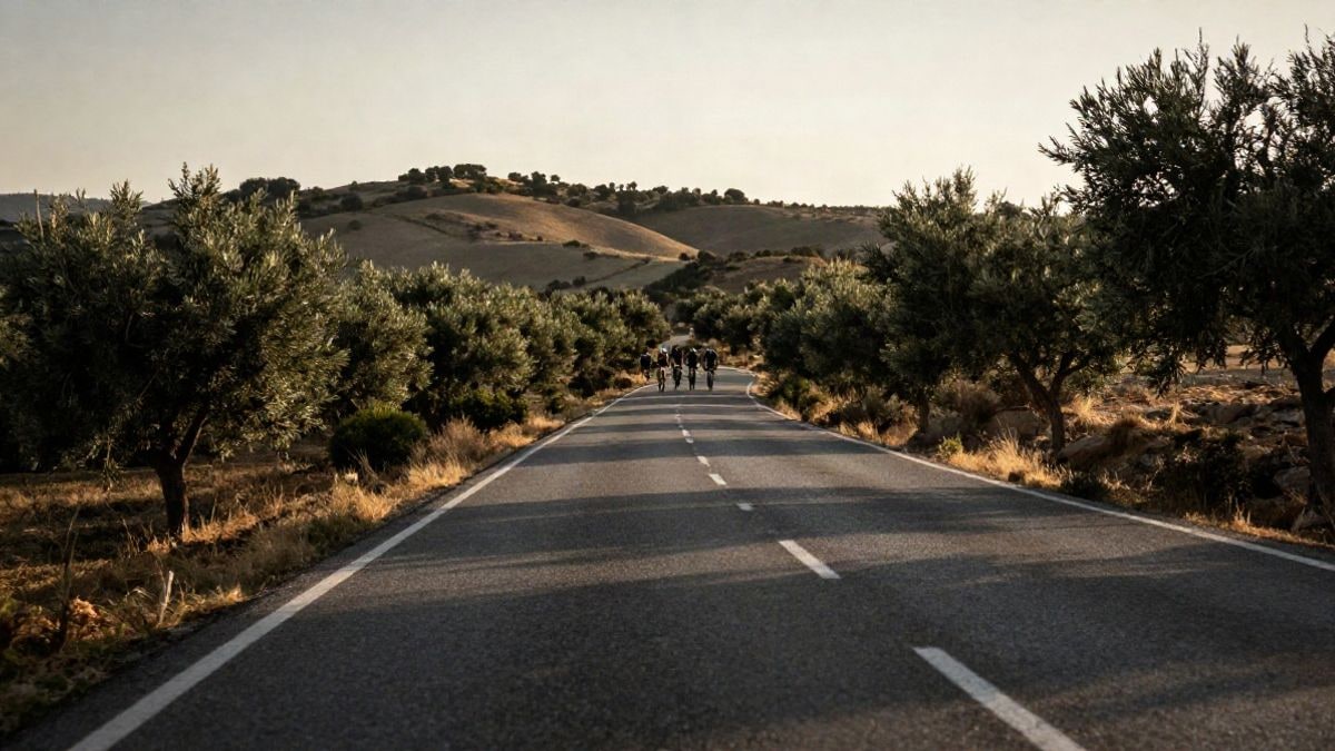 Imagen ilustrativa: carretera ondulada entre olivares andaluces al atardecer, con ciclistas diminutos en la lejanía.