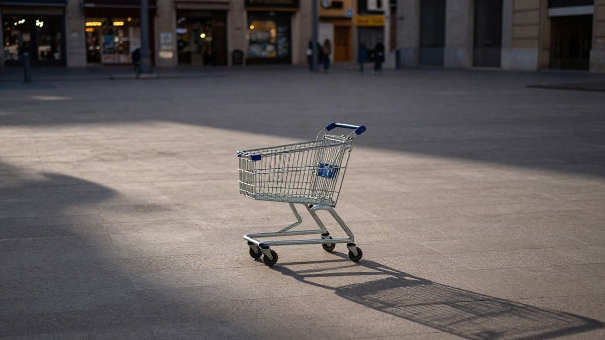 Imagen ilustrativa: un carrito de compra vacío en una plaza urbana desierta al atardecer, con luces de escaparates desenfocadas al fondo