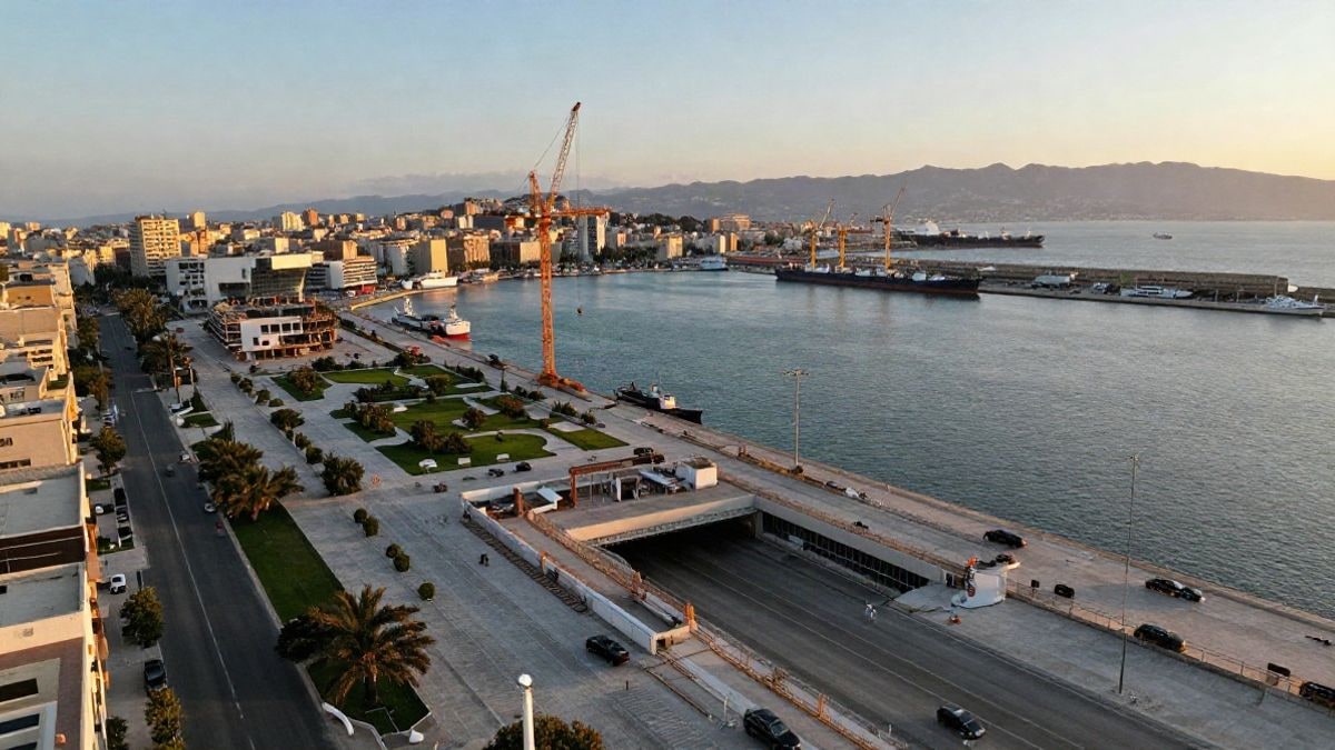 Imagen ilustrativa: vista aérea de un puerto con grúas y una zona de obras junto al agua al atardecer.