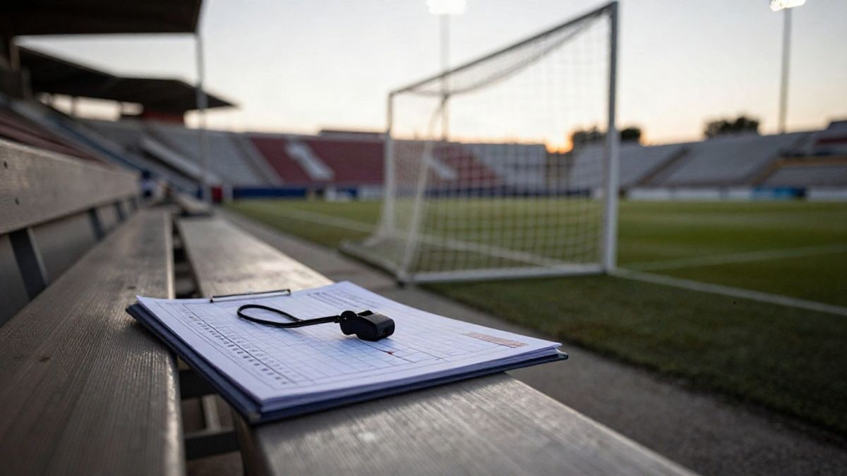 Imagen ilustrativa: plano lateral de un banquillo vacío en un estadio con la red de la portería al fondo