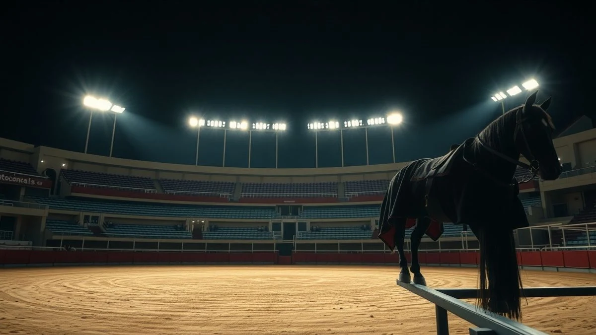 Imagen ilustrativa: una plaza de toros vacía iluminada por focos durante la noche, con un caballo de picador y un capote apoyados en el burladero.