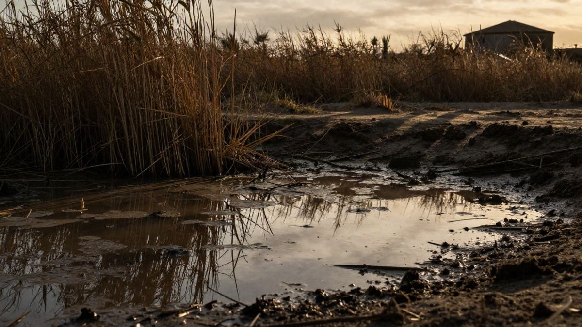 Imagen ilustrativa: charca de aguas estancadas con juncos al atardecer, con sombras largas sobre el terreno
