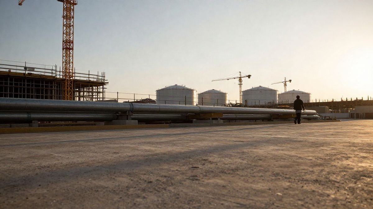 Imagen ilustrativa: un parque industrial energético en construcción al atardecer, con tuberías y grúas al fondo