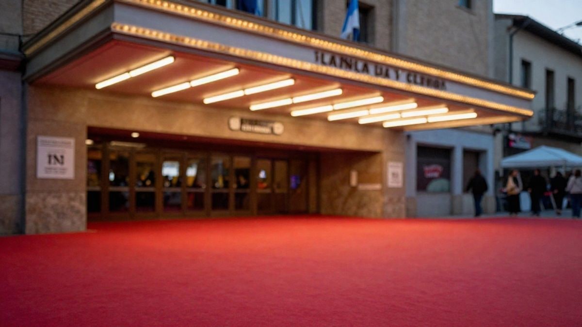 Imagen ilustrativa: entrada de un recinto de festival de cine al atardecer con alfombra roja y luces cálidas