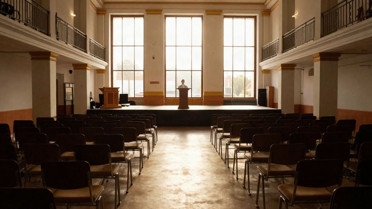 Imagen ilustrativa: sala cultural con sillas vacías y un atril en el escenario bajo luz natural