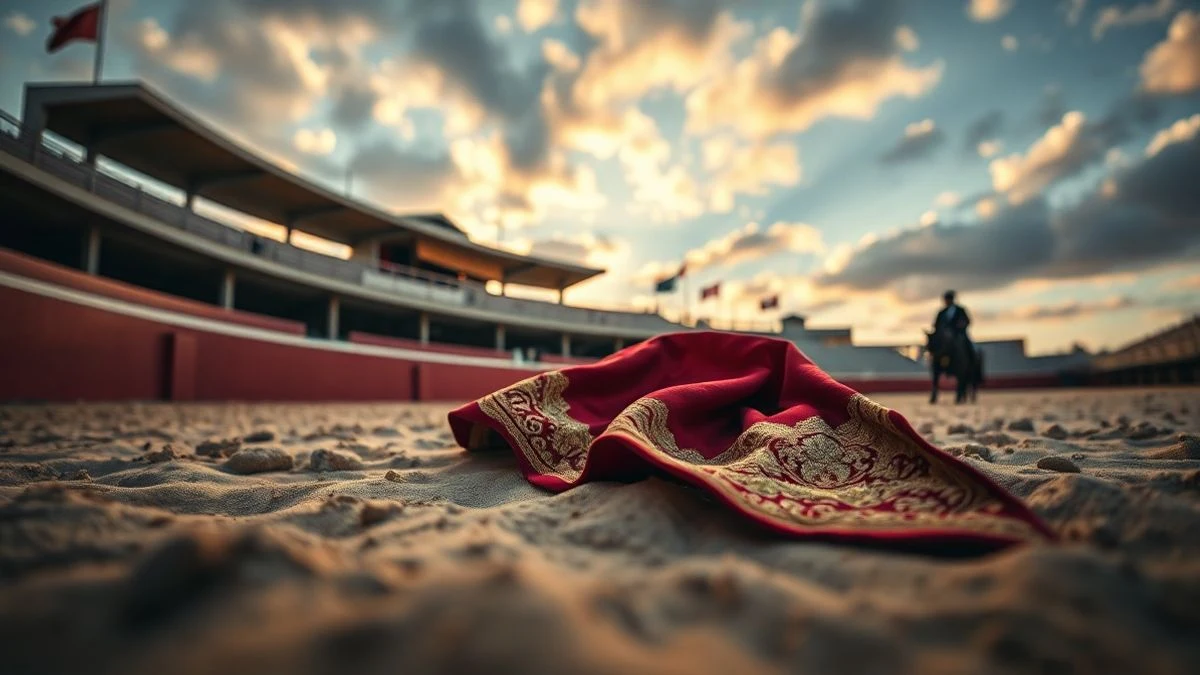 Imagen ilustrativa: un capote de toreo sobre la arena de una plaza de toros al atardecer, con las gradas de fondo.