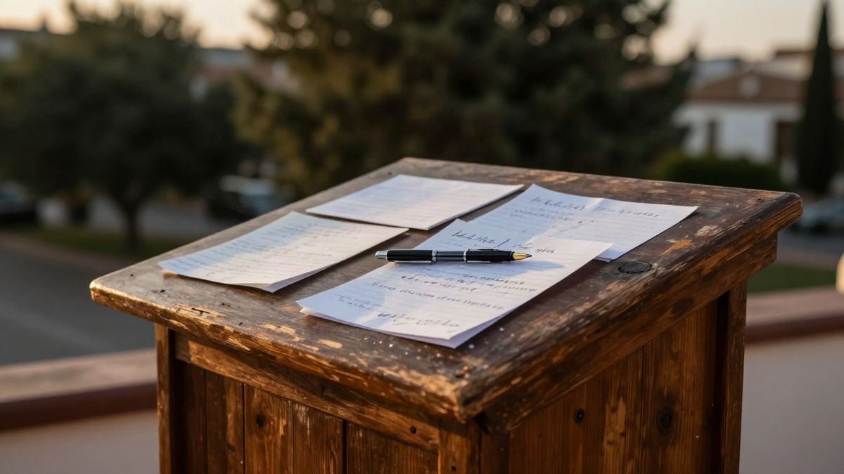 Imagen ilustrativa: primer plano de un atril de madera con notas manuscritas y una pluma estilográfica bajo luz de atardecer