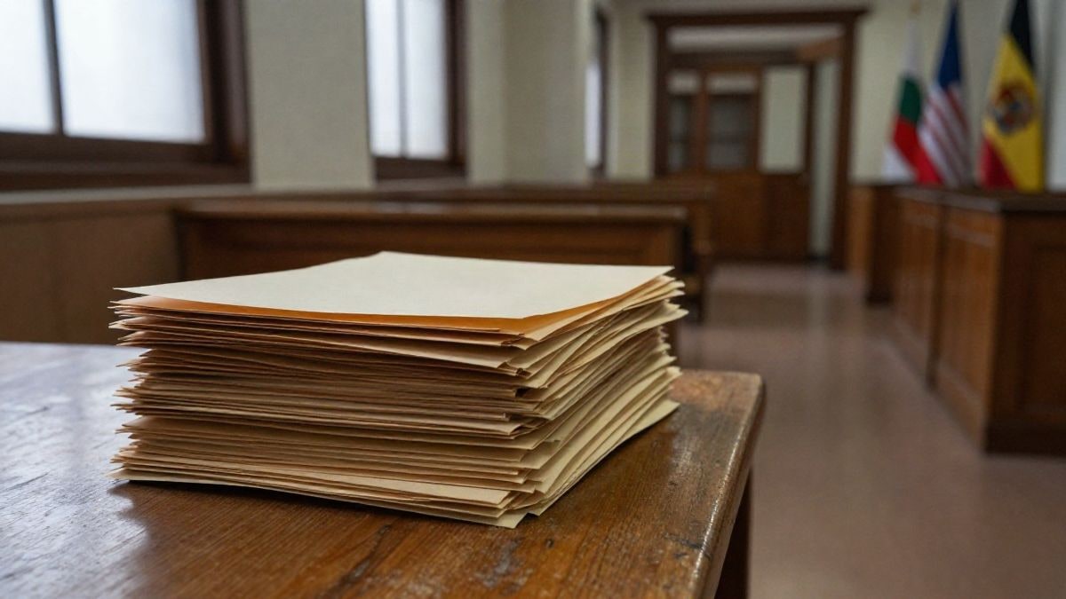 Imagen ilustrativa: carpetas de expedientes apiladas sobre una mesa de madera en un pasillo judicial vacío
