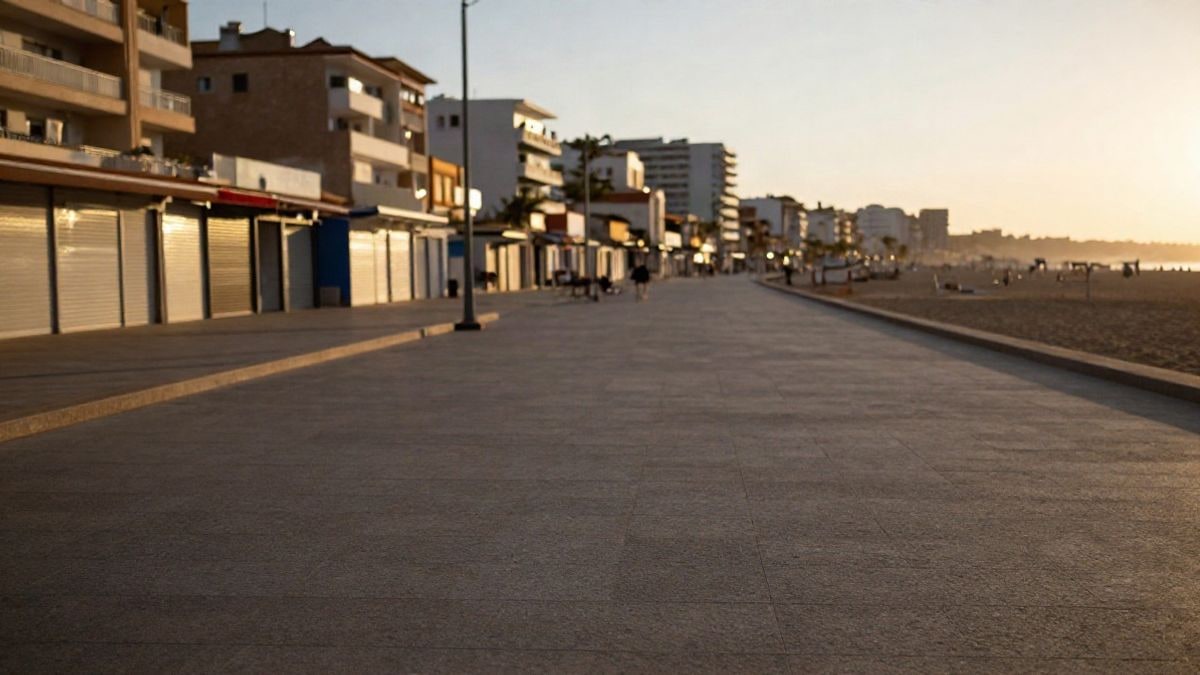 Imagen ilustrativa: paseo marítimo vacío al atardecer, con líneas que convergen hacia el horizonte