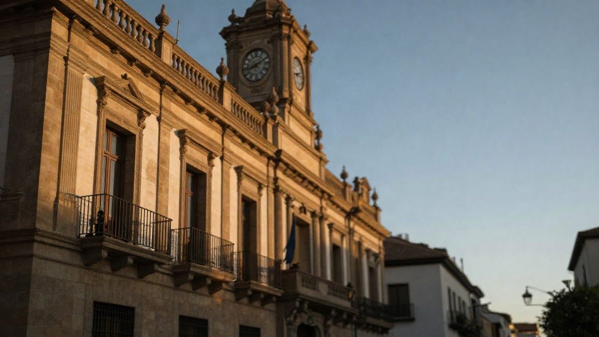 Imagen ilustrativa: fachada de un edificio consistorial genérico con torre y reloj, en un municipio español