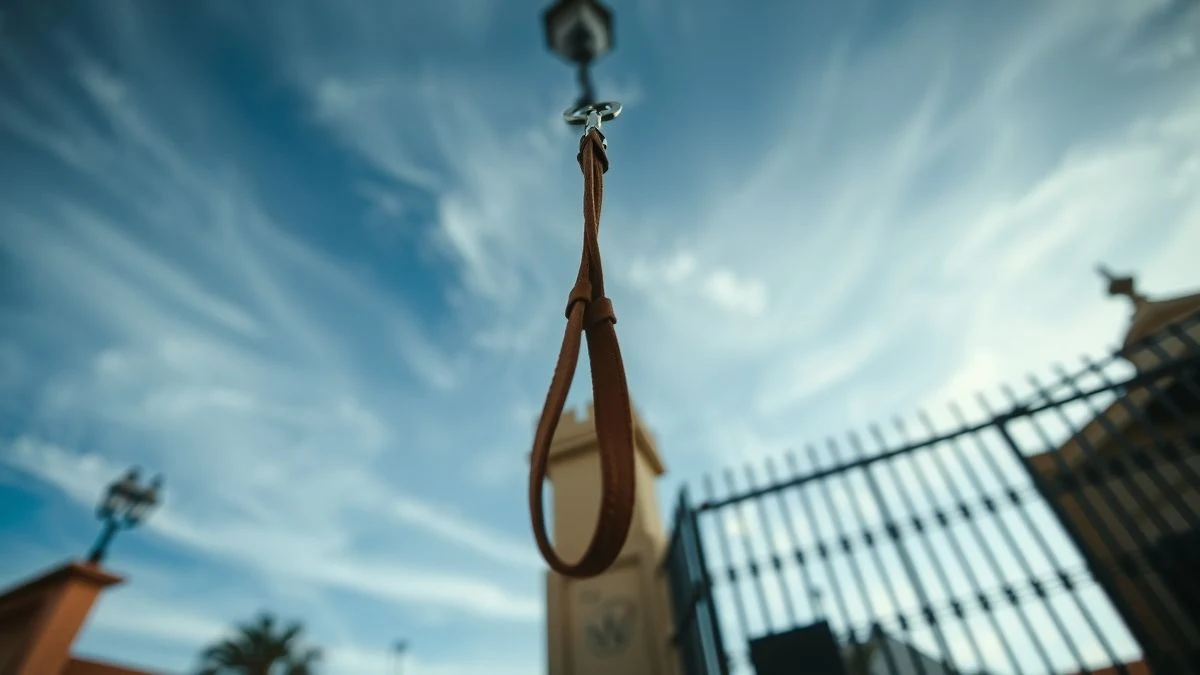 Entrada de Casa Colón en Huelva con una correa de perro colgando de la verja, cielo de fondo