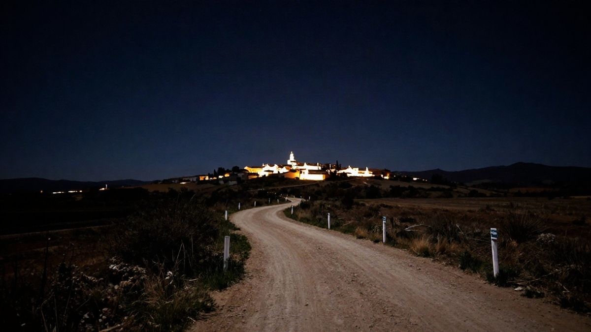 Imagen ilustrativa: sendero nocturno balizado bajo un cielo estrellado con luz artificial tenue