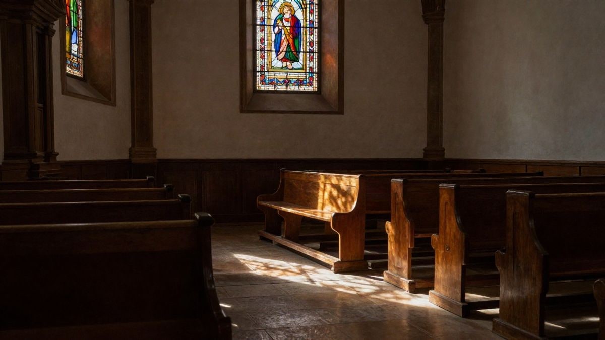 Imagen ilustrativa: interior de una iglesia con bancos de madera iluminados por la luz del atardecer que entra por las vidrieras.