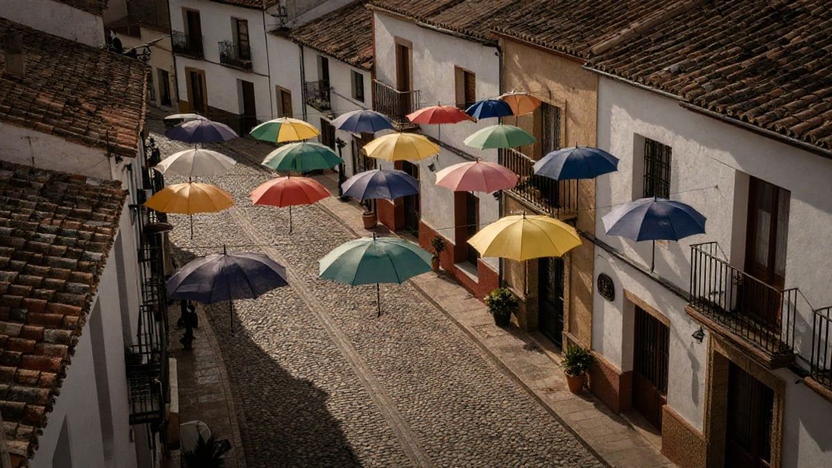 Imagen ilustrativa: vista cenital de una calle empedrada con paraguas de colores suspendidos