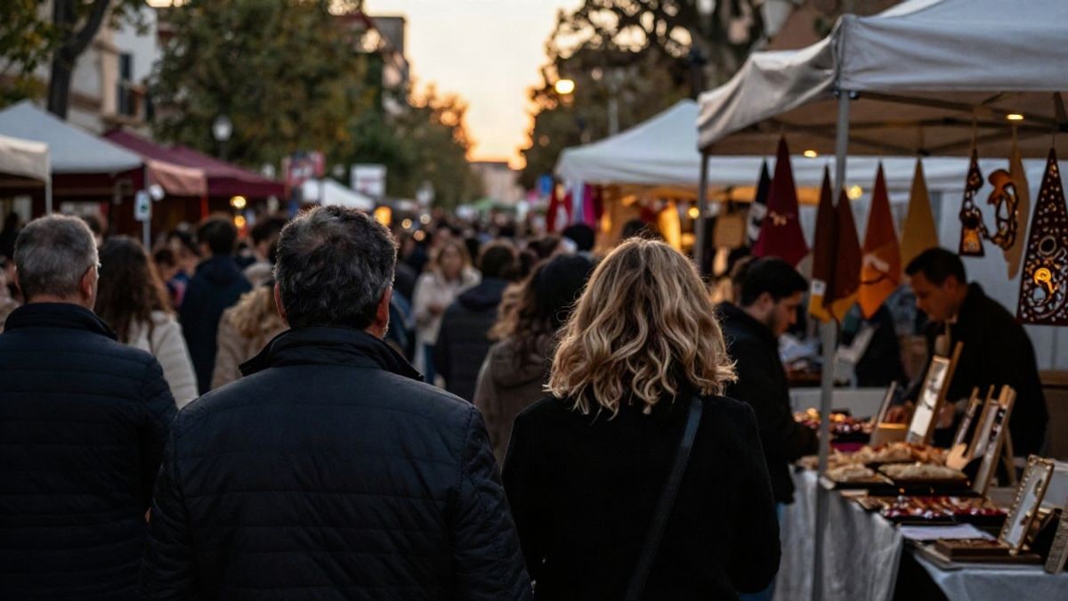 Imagen ilustrativa: un mercado artesanal al atardecer con puestos y siluetas de asistentes