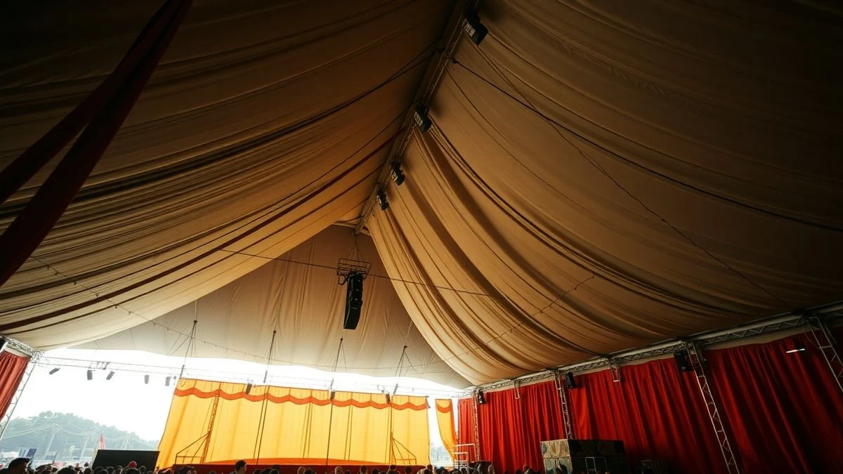 Imagen ilustrativa: interior de una carpa de feria con luces de colores y un escenario vacío, iluminado por luz natural que entra por la lona.