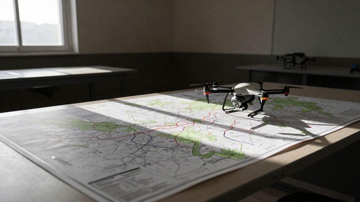 Imagen ilustrativa: sala de briefing vacía con una mesa de mapas tácticos iluminada por la luz de una ventana lateral