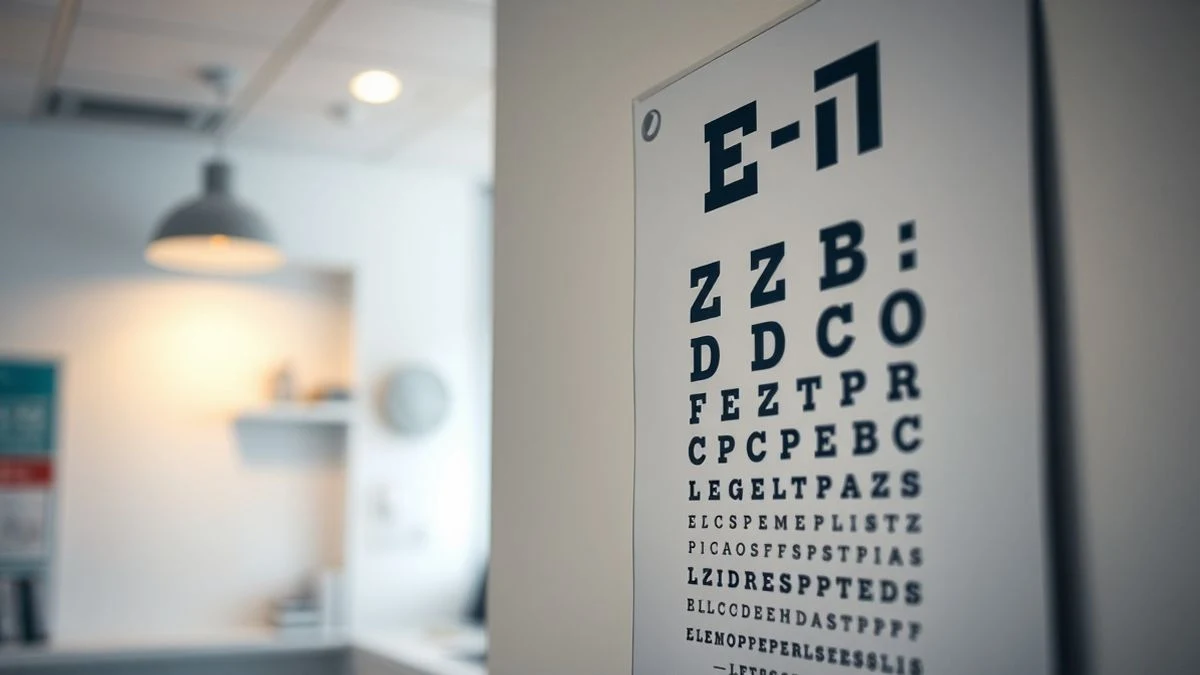 Imagen ilustrativa: una tabla de optotipos en una pared de una clínica oftalmológica, con luz natural y fondo desenfocado.