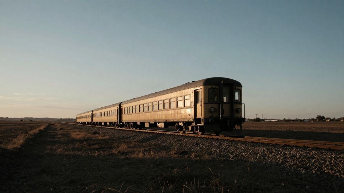 Imagen ilustrativa: vagón de tren detenido en una vía al atardecer, con un campo abierto y amplio espacio vacío alrededor