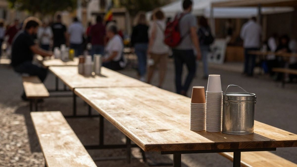 Imagen ilustrativa: mesa con vasos y hucha de donativos en un recinto ferial genérico durante una jornada solidaria al mediodía