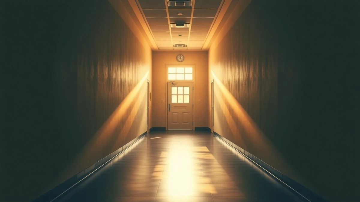 Imagen ilustrativa: pasillo institucional vacío con luz natural y sombras largas