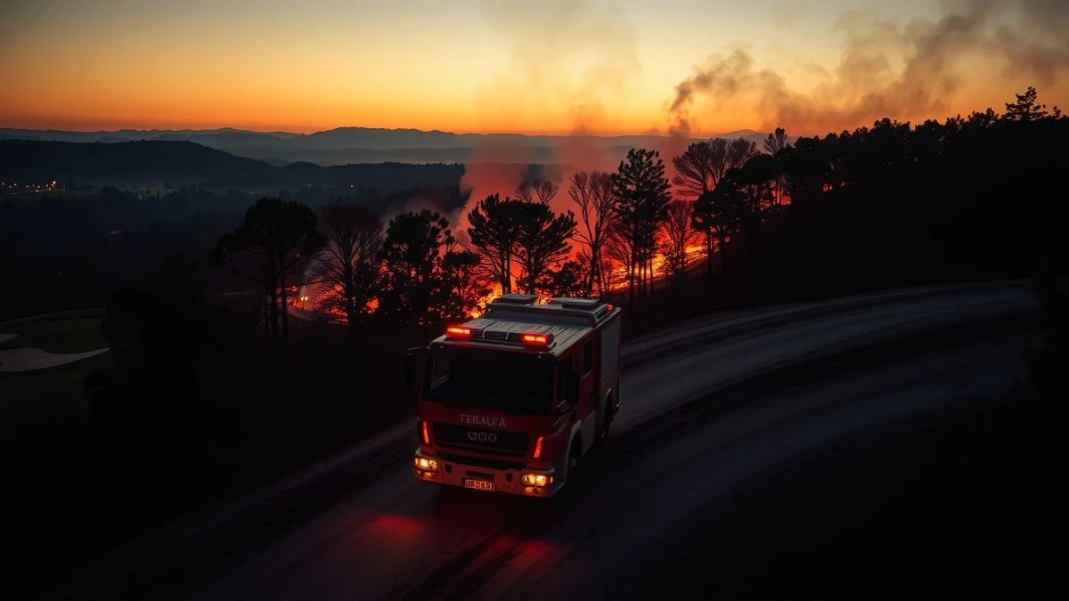 Imagen ilustrativa: vista aérea de un incendio forestal al atardecer, con llamas y humo cerca de un campo de golf; un camión de bomberos en primer plano y siluetas de bomberos al fondo.