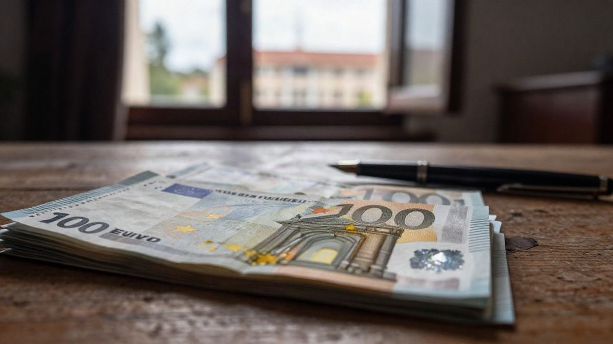 Imagen ilustrativa: primer plano de billetes de euro y una pluma sobre una mesa de madera en una oficina municipal