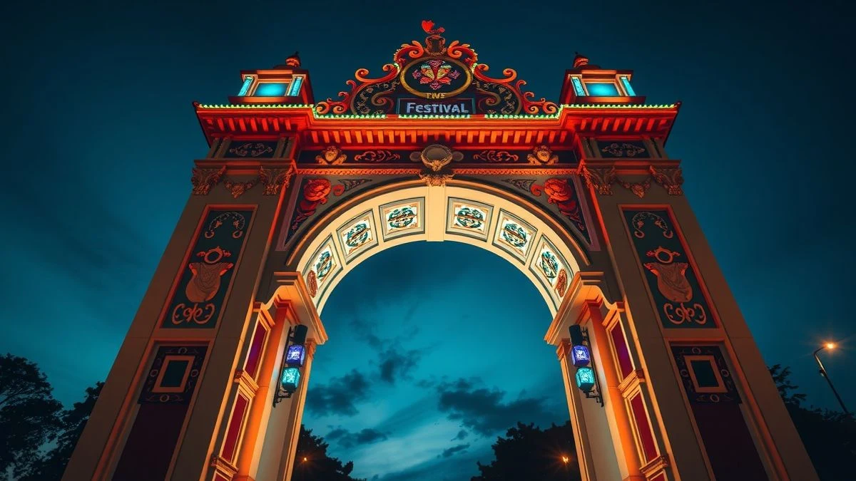 Imagen ilustrativa: arco de feria iluminado con luces de colores al atardecer, de gran altura y con tres vanos, sin personas visibles