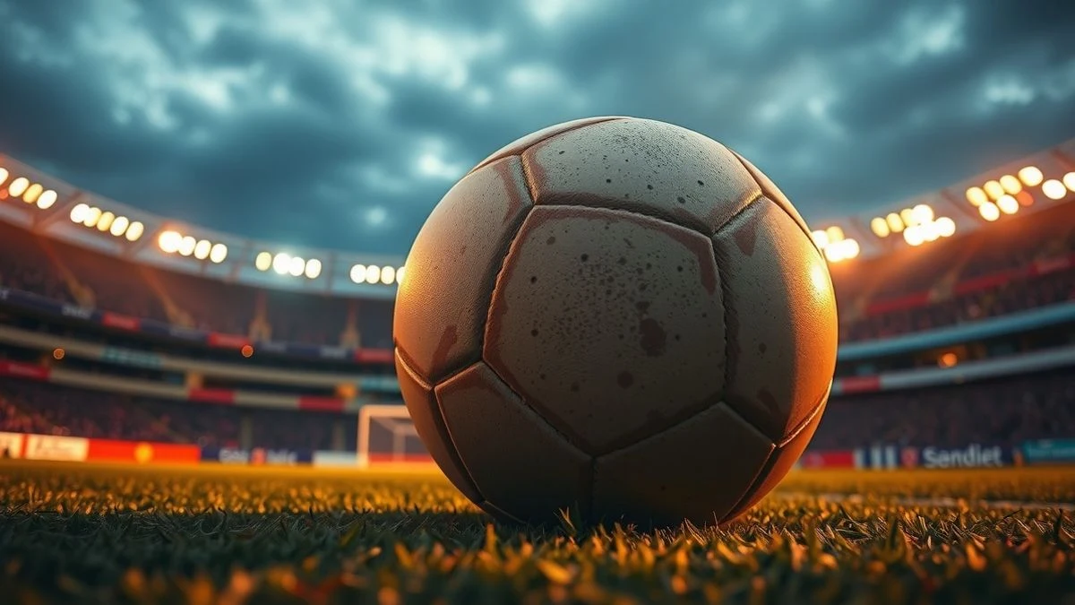 Imagen ilustrativa: balón de fútbol sobre el césped de un estadio al atardecer, con la red de la portería al fondo