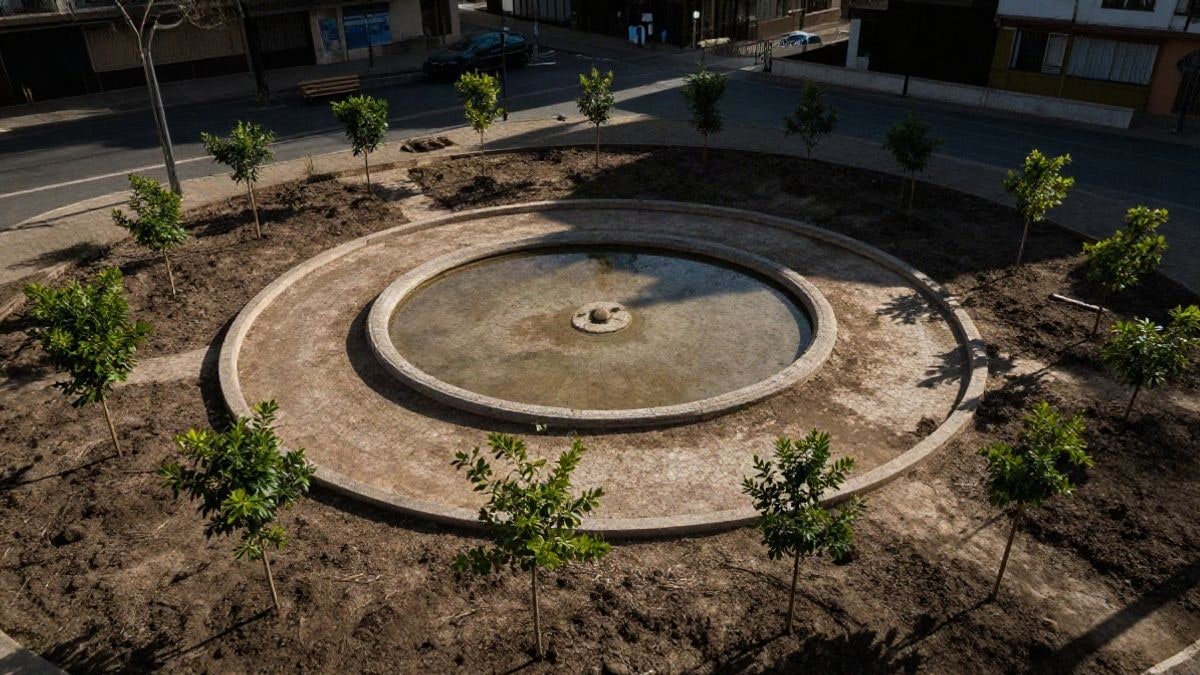 Imagen ilustrativa: vista cenital de un parque urbano con árboles jóvenes recién plantados y un estanque de piedra vacío