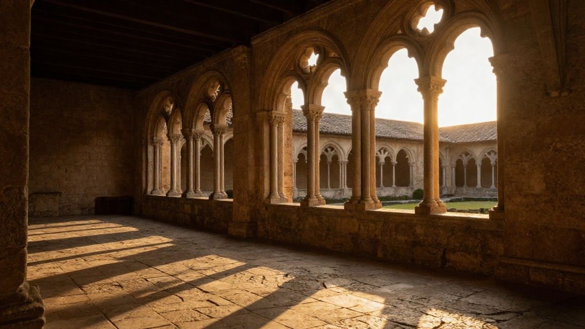 Imagen ilustrativa: claustro de un antiguo convento de piedra a contraluz al atardecer, con sombras largas en el suelo