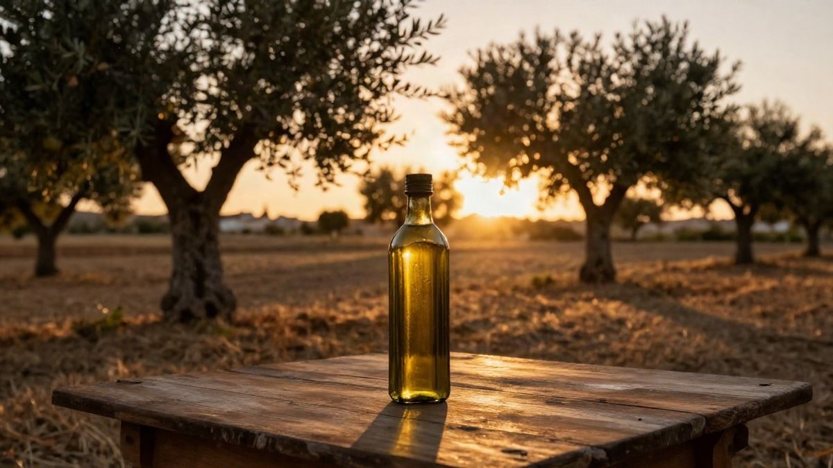 Imagen ilustrativa: botella de aceite de oliva sobre mesa rústica con olivos al fondo en contraluz al atardecer