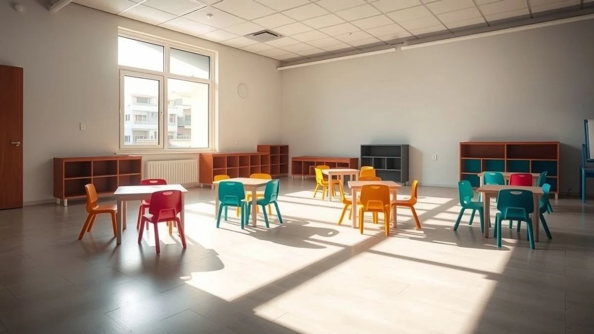 Aula vacía de guardería con mesas y sillas pequeñas de colores, iluminada por luz natural de ventana lateral